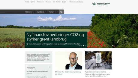 Miniatureudgave af forsiden på hjemmesiden for Ministeriet for Fødevarer, Landbrug og Fiskeri